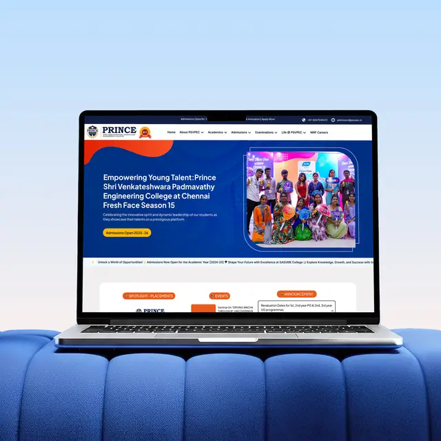 Prince Engineering College website shown on a laptop