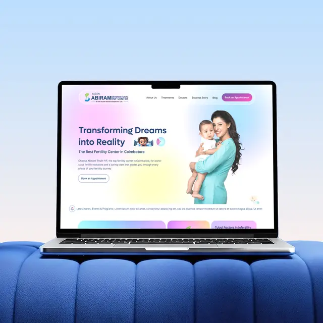 Kovai Abirami International IVF Center website shown on a laptop